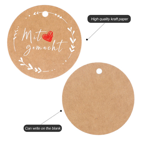 jijAcraft 100 Stück Geschenkanhänger Mit Liebe gemacht Kraftpapier Anhänger Rund 5cm mit Jute Schnur 20m Hangtag Etiketten Vintage Etiketten Tags für Gastgeschenke Hochzeitsdeko DIY