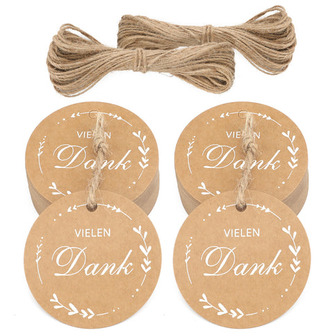 jijAcraft 100 Stück Geschenkanhänger VIELEN Dank Kraftpapier Anhänger Rund 5cm mit Jute Schnur 20m Hangtag Etiketten Vintage Etiketten Tags für Gastgeschenke Hochzeitsdeko DIY