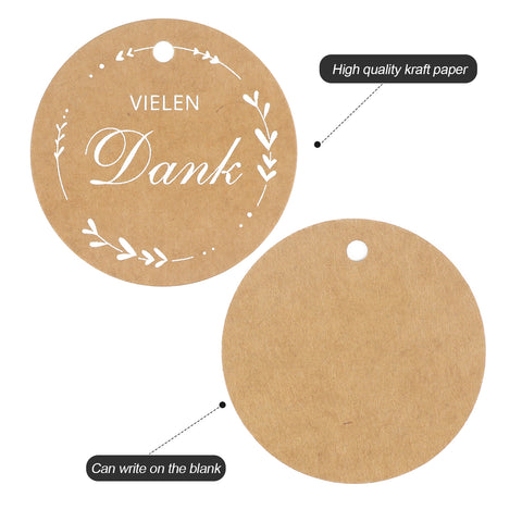 jijAcraft 100 Stück Geschenkanhänger VIELEN Dank Kraftpapier Anhänger Rund 5cm mit Jute Schnur 20m Hangtag Etiketten Vintage Etiketten Tags für Gastgeschenke Hochzeitsdeko DIY