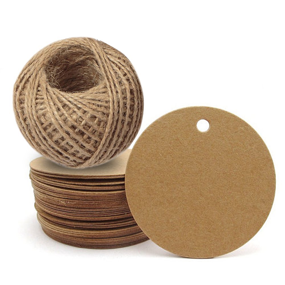 Kraft Paper Gift Tag with 100 Feet Jute Twine, Round Shaped 5.5 cm Bla –