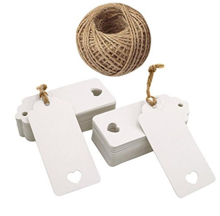 100 PCS White Hollow Heart Kraft Paper Gift Tags Rectangular Wedding Favor Tags and Price Tag with 100 Feet Jute Twine for Luggage tags and DIY Tags Valentine's Day Tags - JijaCraft