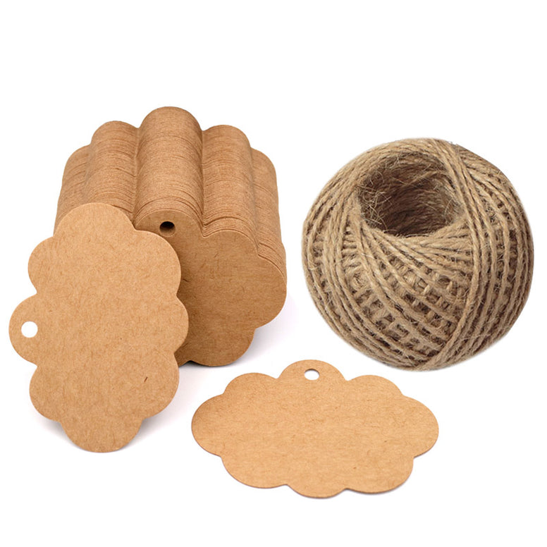 100 PCS Craft Paper Gift Tags 5CM 7CM Cloud Shape Wedding Party Favor Labels with 30 Meters Natural Jute Twine - JijaCraft