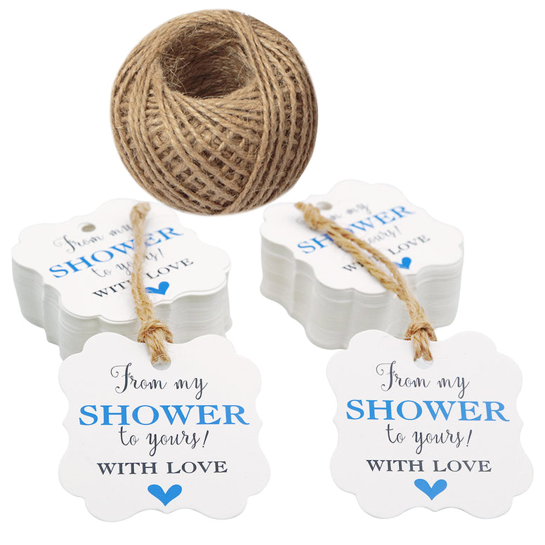 Original Design 100 Pcs From My Shower to Yours with Love Tags and 100 Feet Jute Twine,Blue Bridal Shower Favor Tags,Baby Shower Favor Tags - JijaCraft