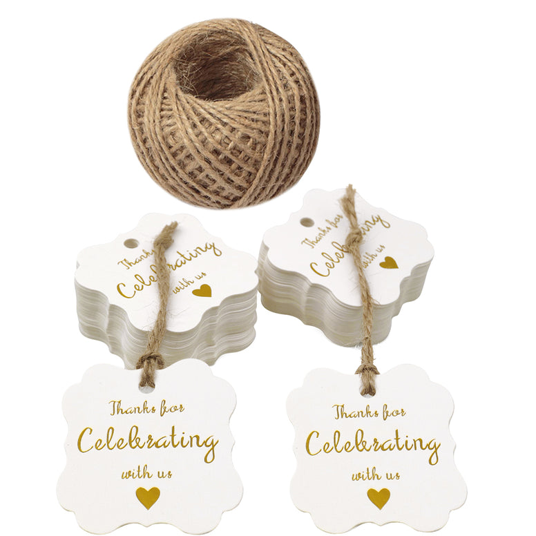 Original Design Paper Gift Tags,Thank You for Celebrating with Us Tags,100 Pcs White Gold Hang Tag with 100 Feet Jute Twine for Wedding Party Favors, Baby Shower - JijaCraft
