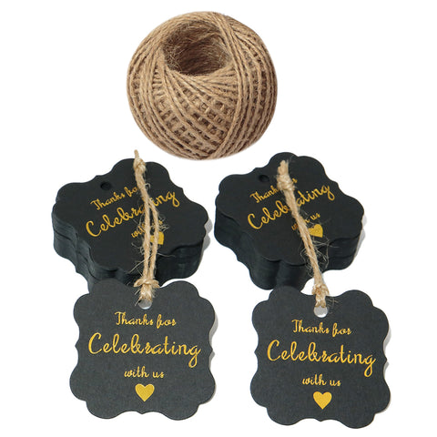 Original Design Paper Gift Tags,Thank You for Celebrating with Us Tags,100 Pcs Black Gold Hang Tag with 100 Feet Jute Twine for Wedding Party Favors, Baby Shower - JijaCraft