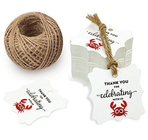 Celebrating Tags,100PCS Thank You for Celebrating with Us Tags,Personalized Crab Printed Thank You Tags with 100 Feet Jute Twine - JijaCraft