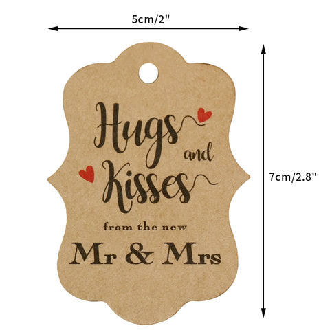 Original Design 100 PCS Wedding Gift Tags,Hugs and Kisses from The New Mr & Mrs Kraft Paper Tags,2.8" x 2"Brown Tags with 100 Feet Jute Twine - JijaCraft