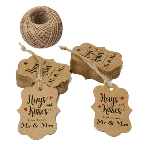 Original Design 100 PCS Wedding Gift Tags,Hugs and Kisses from The New Mr & Mrs Kraft Paper Tags,2.8" x 2"Brown Tags with 100 Feet Jute Twine - JijaCraft