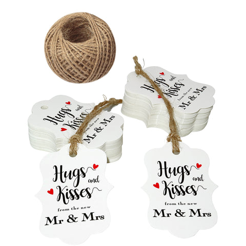 Original Design 100 PCS Wedding Gift Tags,Hugs and Kisses from The New Mr & Mrs Kraft Paper Tags,2.8" x 2" White Tags with 100 Feet Jute Twine - JijaCraft
