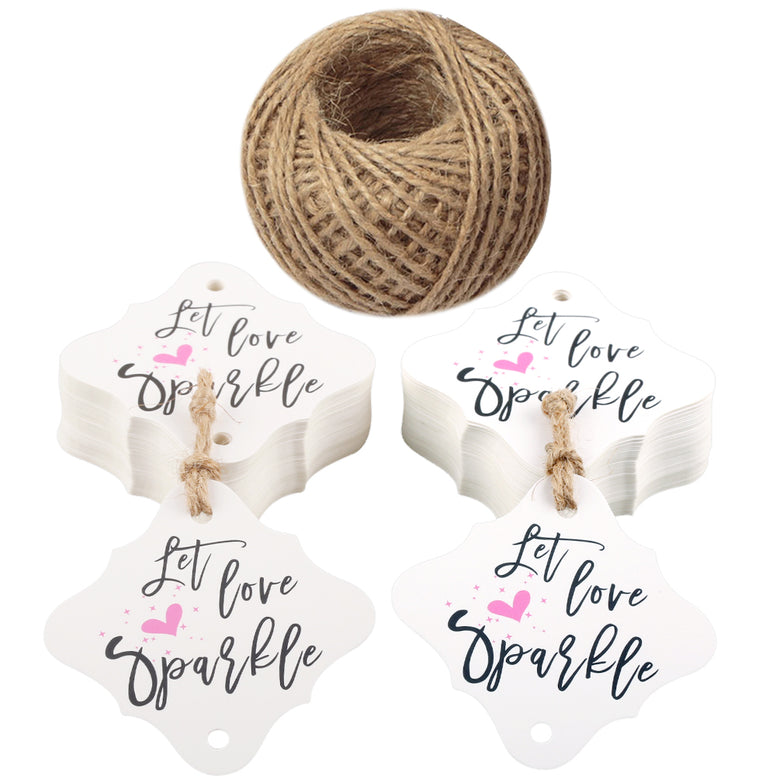 Let Love Sparkle Tags,100PCS Wedding Tags,Original Design Paper Gift Tags with 100 Feet Jute Twine (2.36 inch,Black Font) - JijaCraft