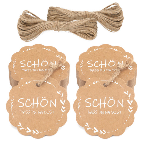 jijAcraft 100 Stück Geschenkanhänger Rund SCHÖN DASS DU DA BIST Kraftpapier Anhänger 6cm mit Jute Schnur 20m Hangtag Etiketten Vintage Etiketten Tags für Gastgeschenke Hochzeitsdeko DIY