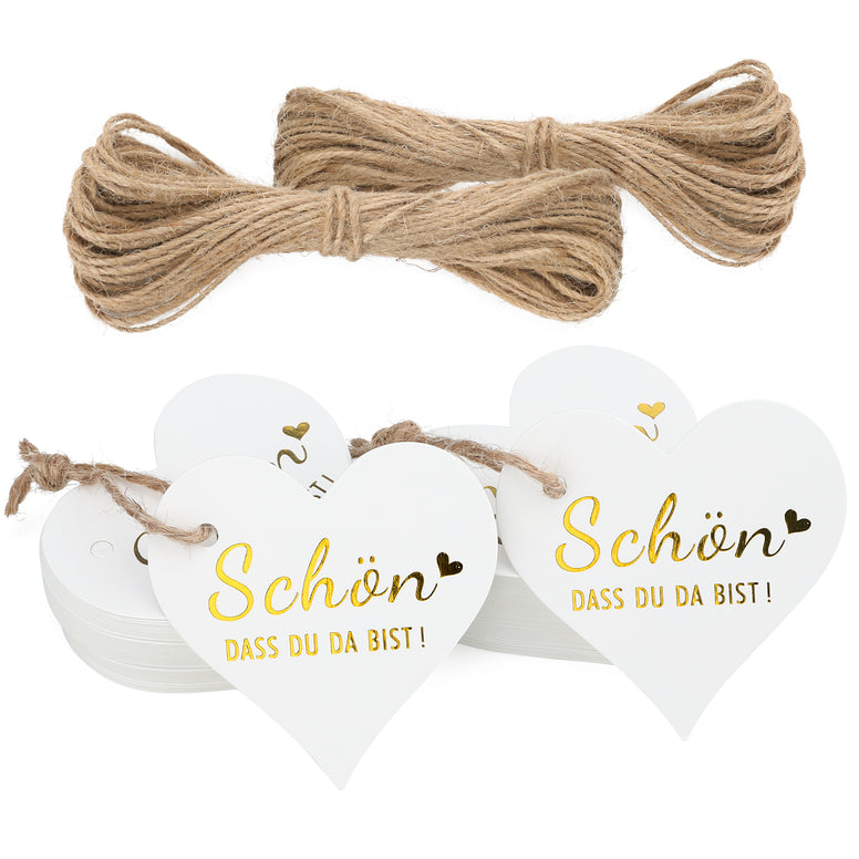 jijAcraft Herz Papieranhänger Schön Dass Du Da Bist Anhänger aus Kraftpapier, 100 Stück Tags und 20 meter Juteschnur, für Hochzeit Selbstgemachte Geschenke (Weiß mit gold Buchstaben)