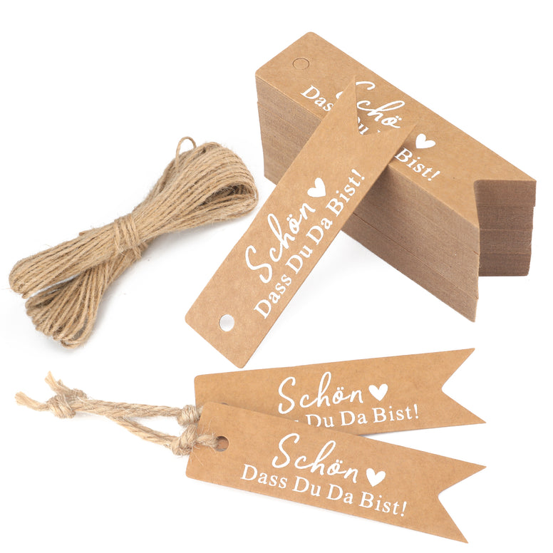 jijAcraft 100 Stück Geschenkanhänger SCHÖN DASS DU DA BIST Kraftpapier Anhänger Hochzeit 7 * 2CM mit Jute Schnur Hangtag Anhänger Etiketten Tags für Flohmarkt Verpackten Hochzeitsdeko DIY