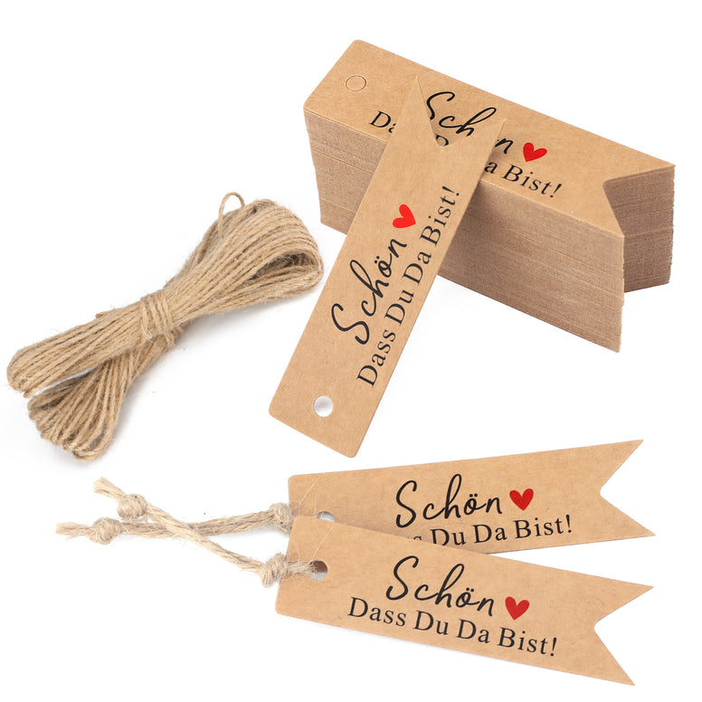 jijAcraft 100 Stück Geschenkanhänger SCHÖN DASS DU DA BIST Kraftpapier Anhänger Hochzeit 7 * 2CM mit Jute Schnur Hangtag Anhänger Etiketten Tags für Flohmarkt Verpackten Hochzeitsdeko DIY