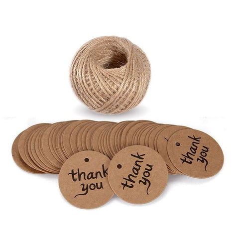 Thank You Tags with String, 100 PCS Kraft Paper,4.3 CM Brown Christmas tags, Party Favor Hang Tags with 100 Feet Natural Jute Twine for Craft Projects - JijaCraft