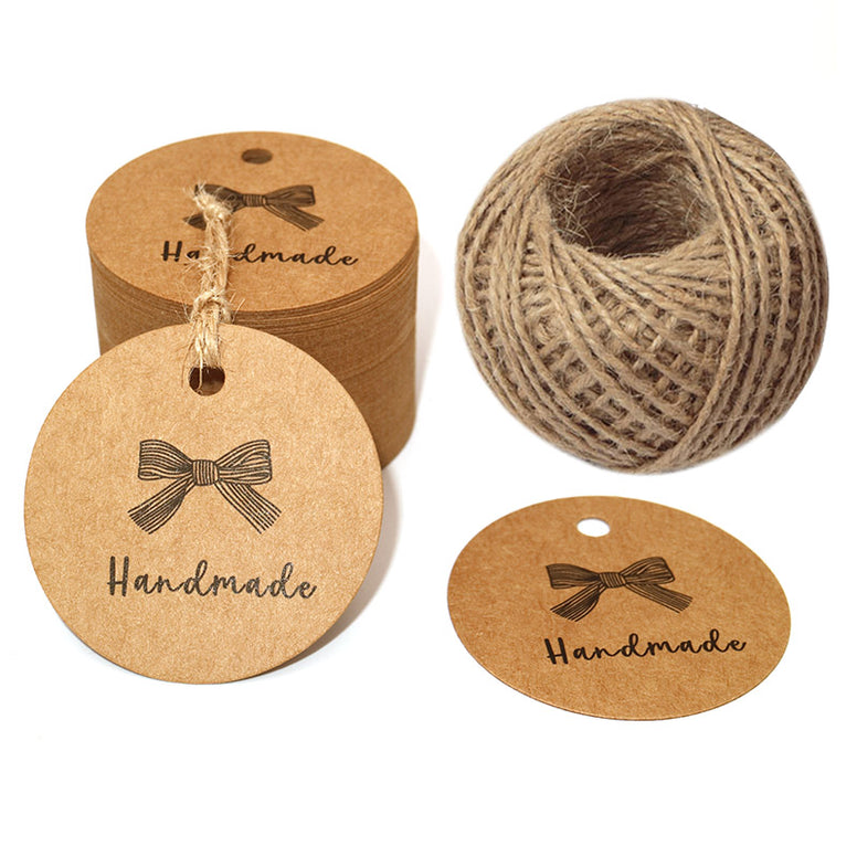 100 PCS HANDMADE Tags Kraft Paper Hang Tags 5 CM Round Tags Craft Gift Tags with 100 Feet Natural Jute Twine - JijaCraft