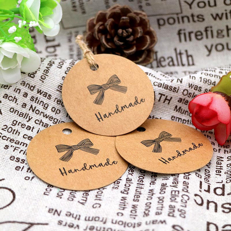 100 PCS HANDMADE Tags Kraft Paper Hang Tags 5 CM Round Tags Craft Gift –