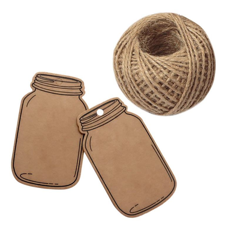 Mason Jar Shaped Tags,100PCS Mini Kraft Paper Gift Tags,Craft Card Tag,Gift Wrap Tags,Creative Blank Craft Paper Label DIY Hang Tags with 100 Feet Twine (7.5x4.5cm Brown) - JijaCraft