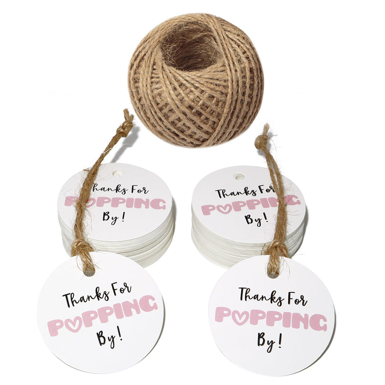 Original Design Baby Shower Tags,Thanks for Popping by Gift Tags,5cm Round Pink Tags,100PCS Paper Tags for Wedding Party Favors with 100 Feet Jute Twine - JijaCraft