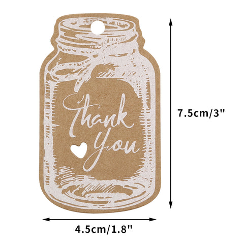 Thank You Tags,Mason Jar Tags,100PCS Kraft Paper Gift Tags with 100 Feet Jute Twine,3"x1.8"Vintage Style White Tags for DIY Craft Party Favors - JijaCraft