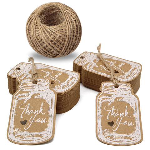 Thank You Tags,Mason Jar Tags,100PCS Kraft Paper Gift Tags with 100 Feet Jute Twine,3"x1.8"Vintage Style White Tags for DIY Craft Party Favors - JijaCraft